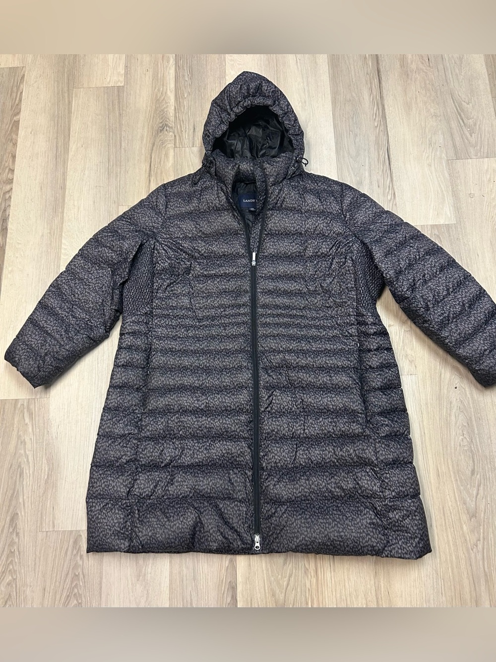 Lands End Down Puffer Coat Women 2X Black Leopard 700 Titanium Hooded Long Warm